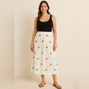 White and Yellow Pleated Midi A-Line Skirt